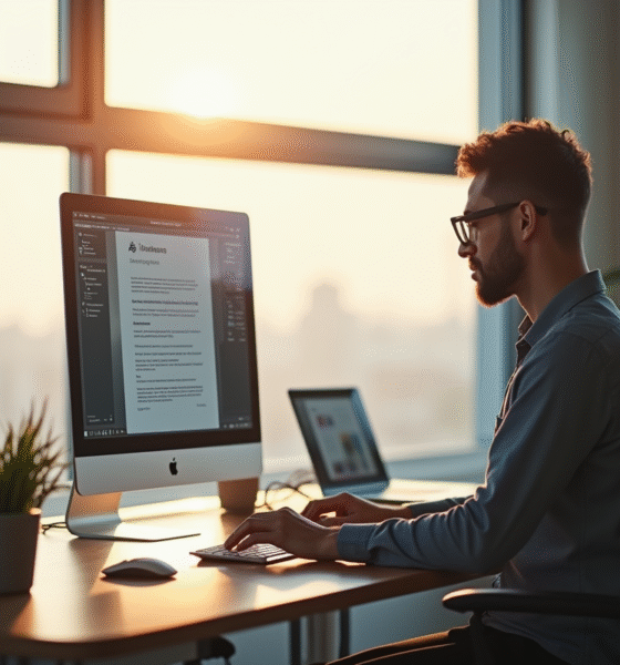 Professionnel créant des images IA dans un bureau moderne