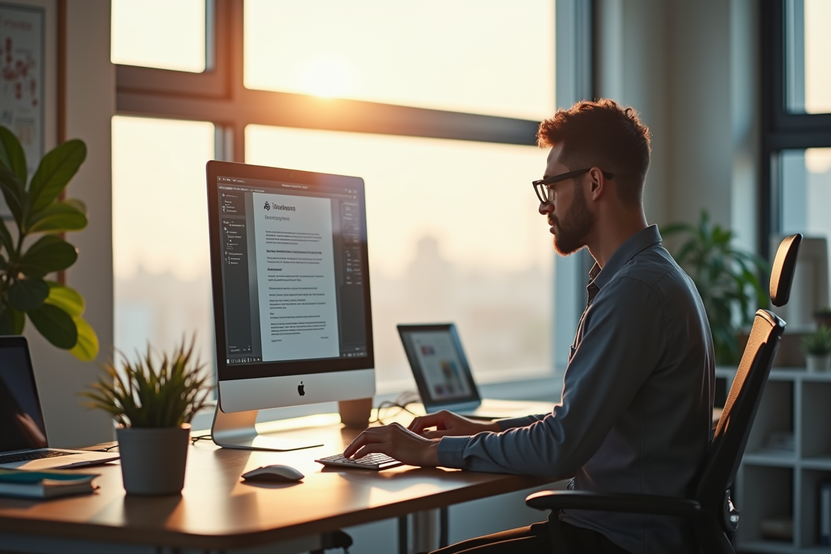 Professionnel créant des images IA dans un bureau moderne