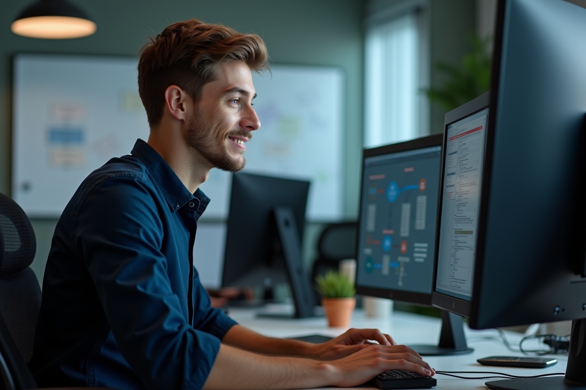 Jeune homme en informatique surveillant une migration web