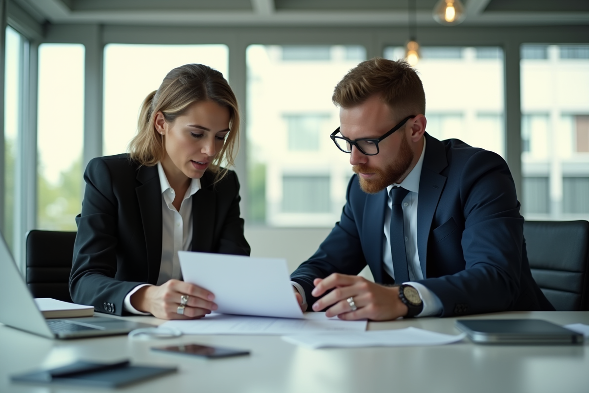 Deux professionnels en réunion dans un bureau lumineux