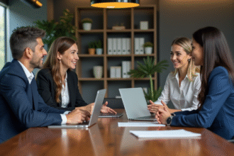 Quatre professionnels en réunion dans un bureau moderne
