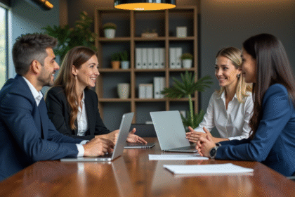 Quatre professionnels en réunion dans un bureau moderne