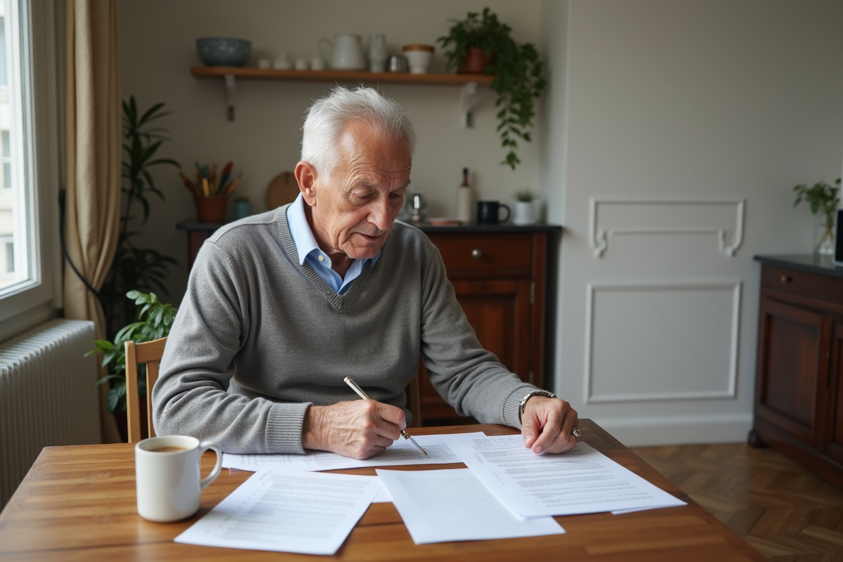 Homme retraité français lisant ses papiers de pension
