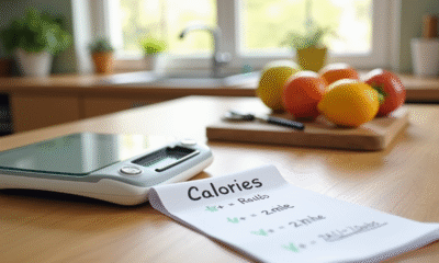 Table de cuisine avec balance alimentaire et fruits frais