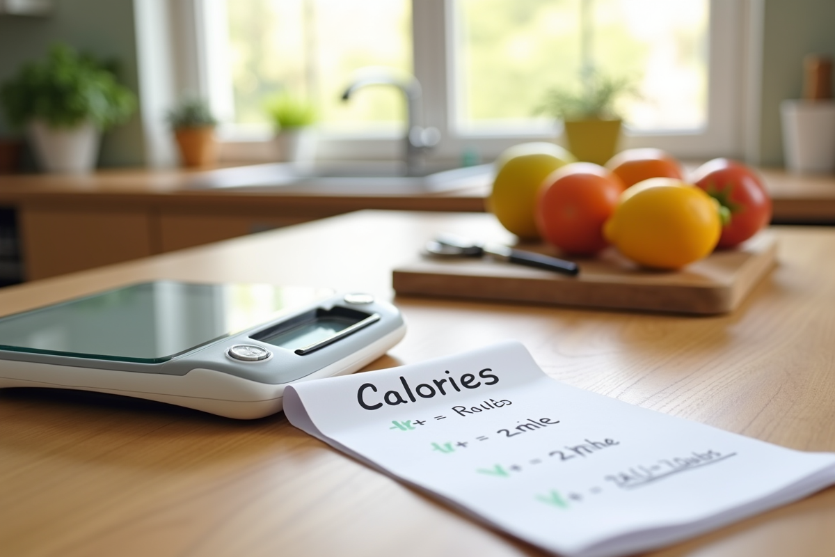 Table de cuisine avec balance alimentaire et fruits frais