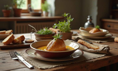Table rustique avec repas familial et plat de lapin à la moutarde