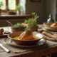 Table rustique avec repas familial et plat de lapin à la moutarde