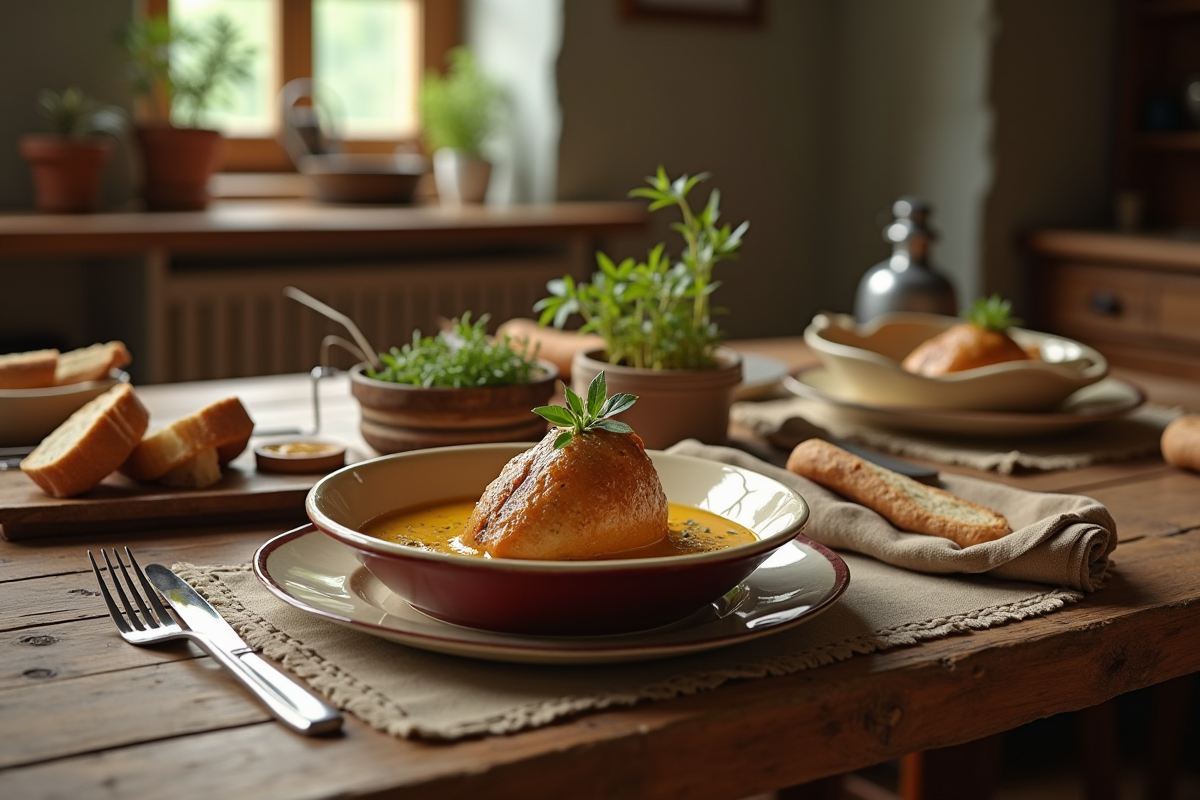 Table rustique avec repas familial et plat de lapin à la moutarde