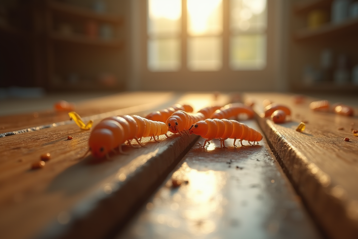 Gros plan de maggots sur une fissure de plancher en bois