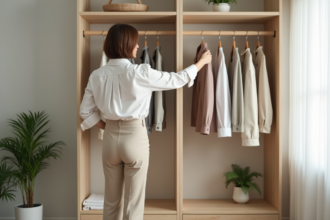 Femme organisée dans son dressing minimaliste